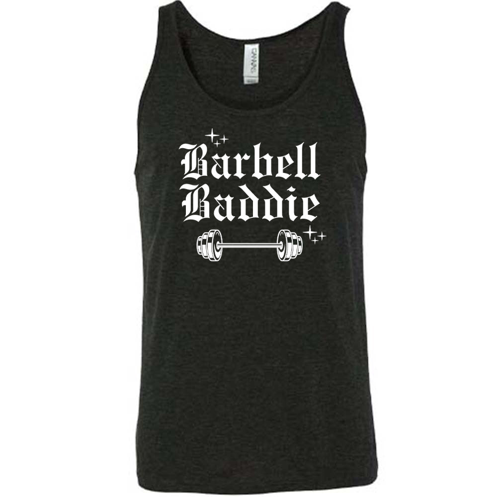 black shirt with the text "Barbell Baddie" on it