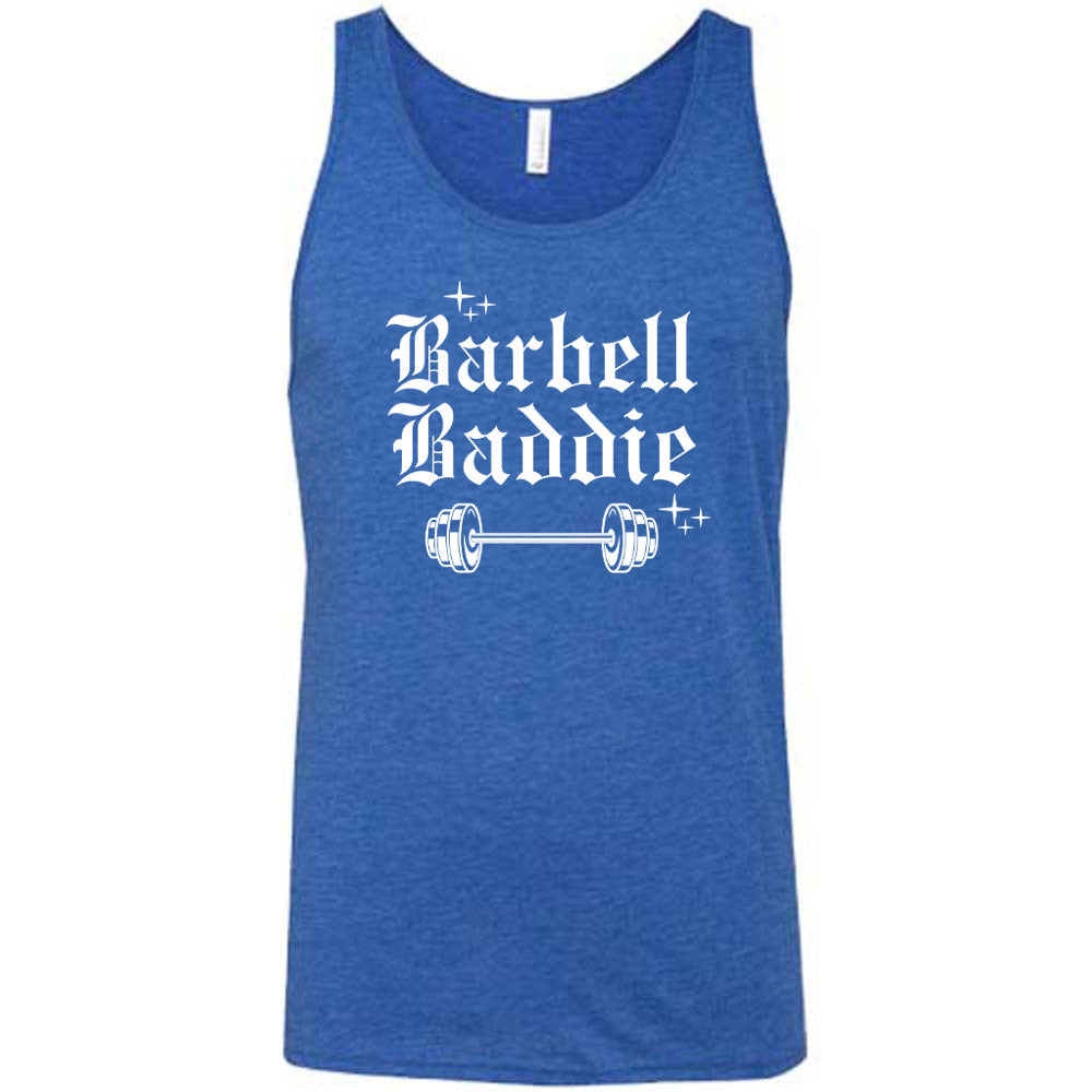 blue shirt with the text "Barbell Baddie" on it