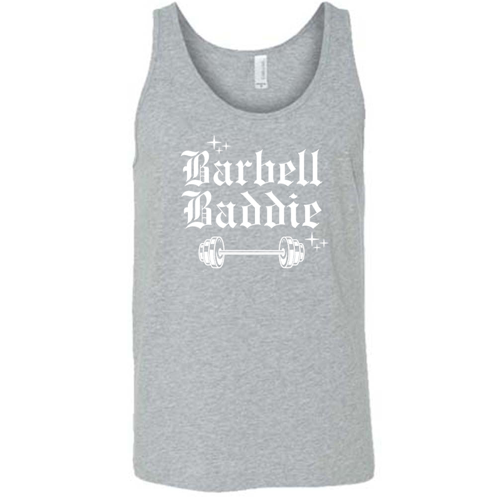 grey shirt with the text "Barbell Baddie" on it