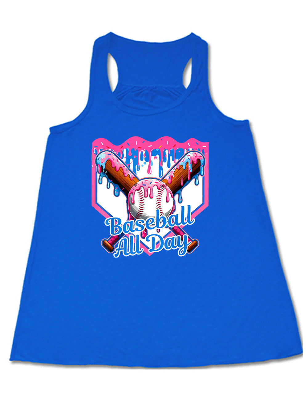 blue flowy racerback tank with the graphic of a dripping baseball diamond, with the graphic of a dripping baseball with two dripping baseball bats behind it, and the words "baseball all day" on it