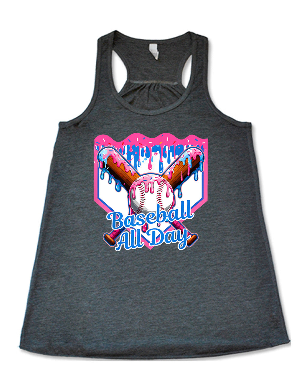 grey flowy racerback tank with the graphic of a dripping baseball diamond, with the graphic of a dripping baseball with two dripping baseball bats behind it, and the words "baseball all day" on it