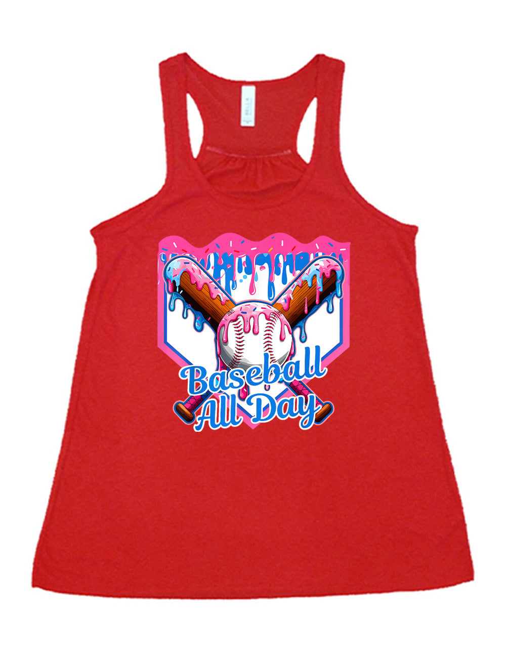 red flowy racerback tank with the graphic of a dripping baseball diamond, with the graphic of a dripping baseball with two dripping baseball bats behind it, and the words "baseball all day" on it