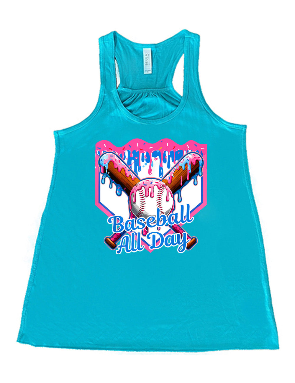 teal flowy racerback tank with the graphic of a dripping baseball diamond, with the graphic of a dripping baseball with two dripping baseball bats behind it, and the words "baseball all day" on it