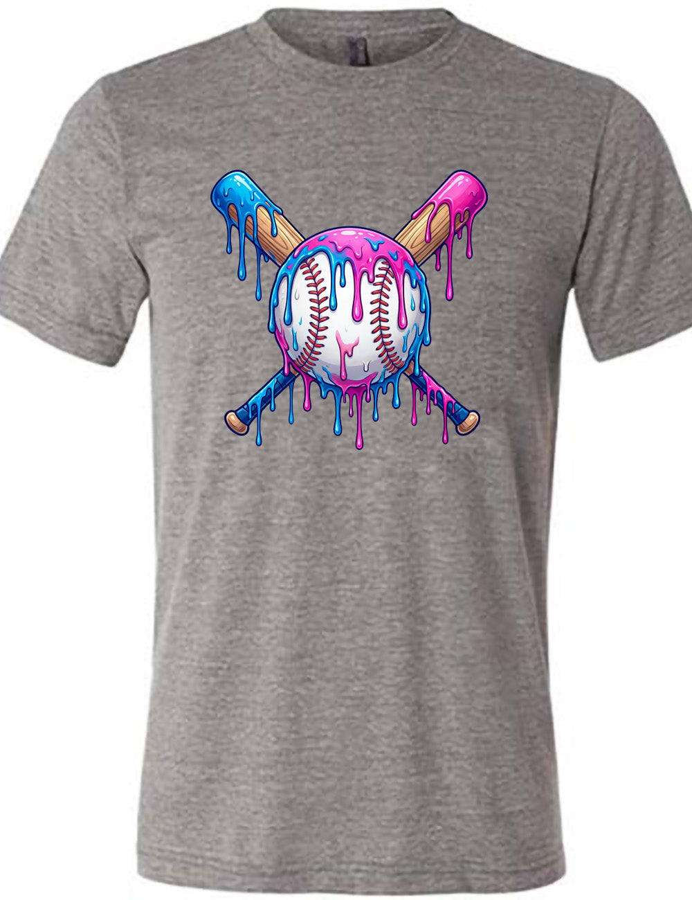 grey unisex tee with the graphic of a baseball with two bats crossed behind it, and all of it dripping with blue and pink