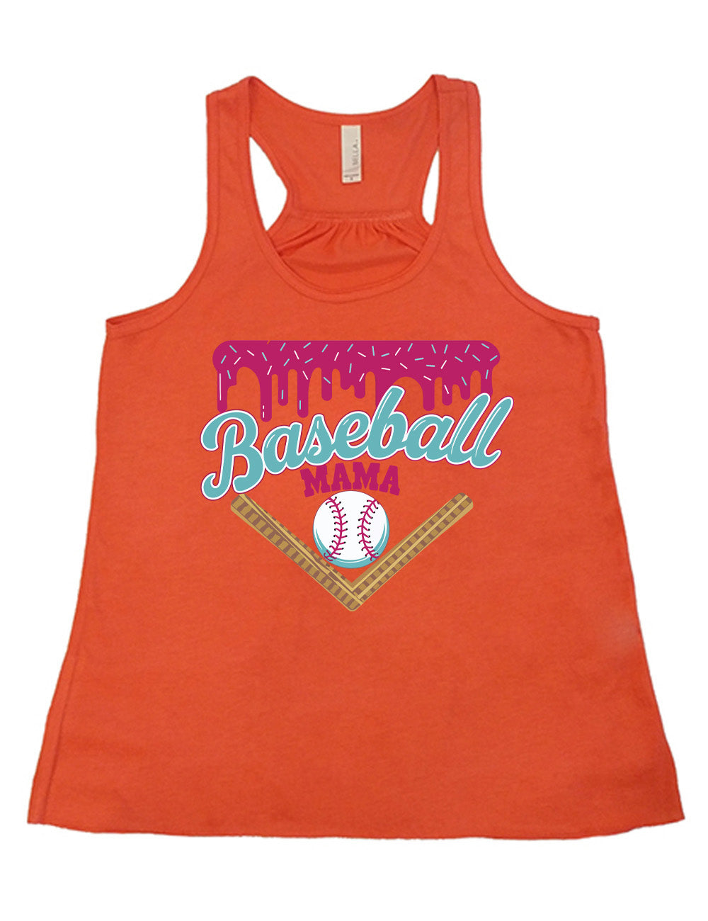 coral flowy racerback tank with the words "baseball mama" on it, with a border with sprinkles above the words, dripping down, and a baseball underneath the words, and a border in a V below everything