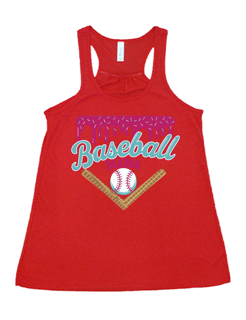 red flowy racerback tank with the words "baseball mama" on it, with a border with sprinkles above the words, dripping down, and a baseball underneath the words, and a border in a V below everything