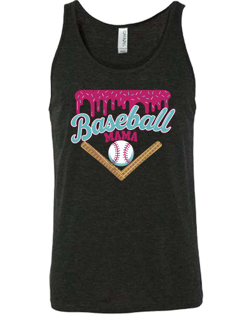 black unisex tank with the words "baseball mama" on it, with a border with sprinkles above the words, dripping down, and a baseball underneath the words, and a border in a V below everything