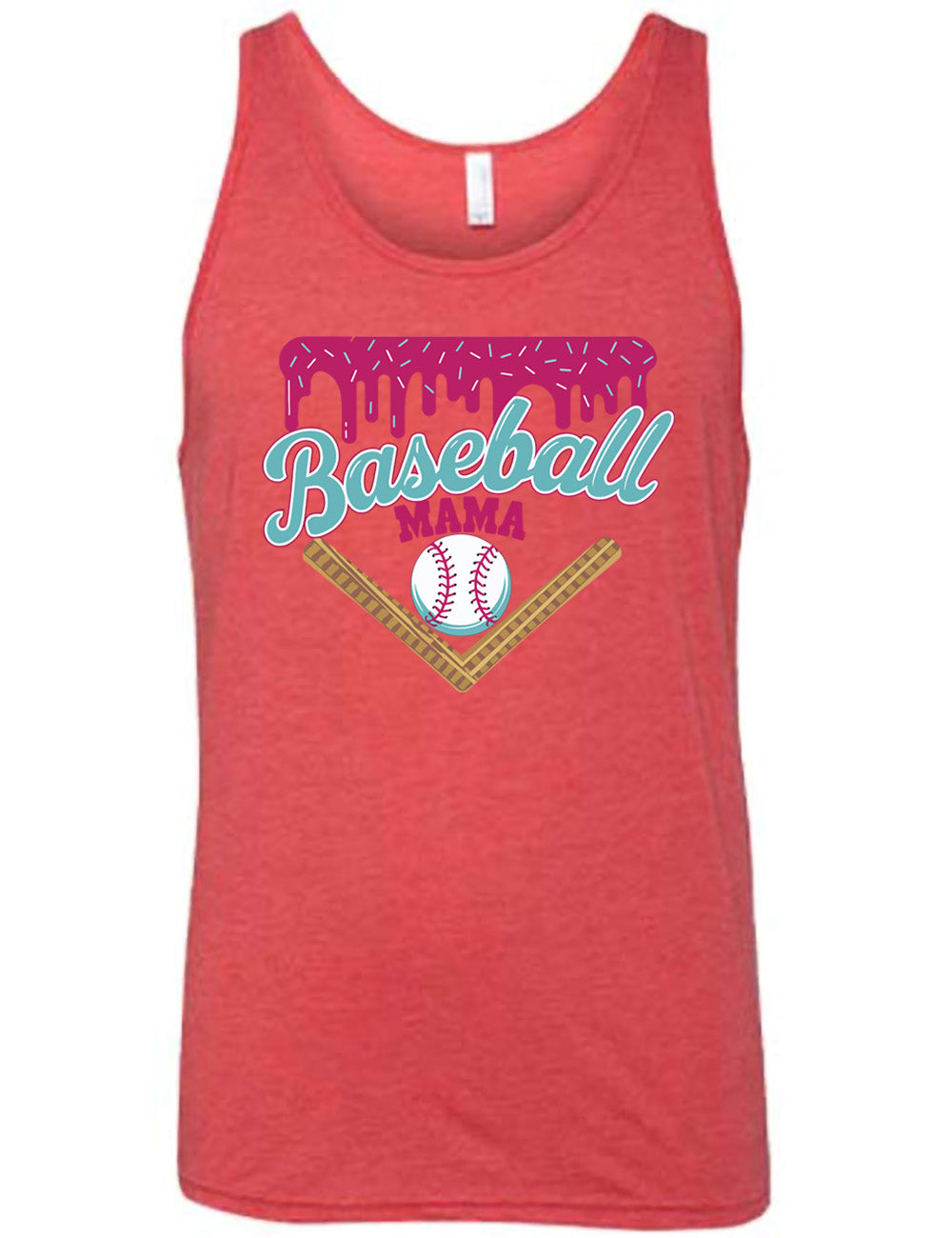 red unisex tank with the words "baseball mama" on it, with a border with sprinkles above the words, dripping down, and a baseball underneath the words, and a border in a V below everything
