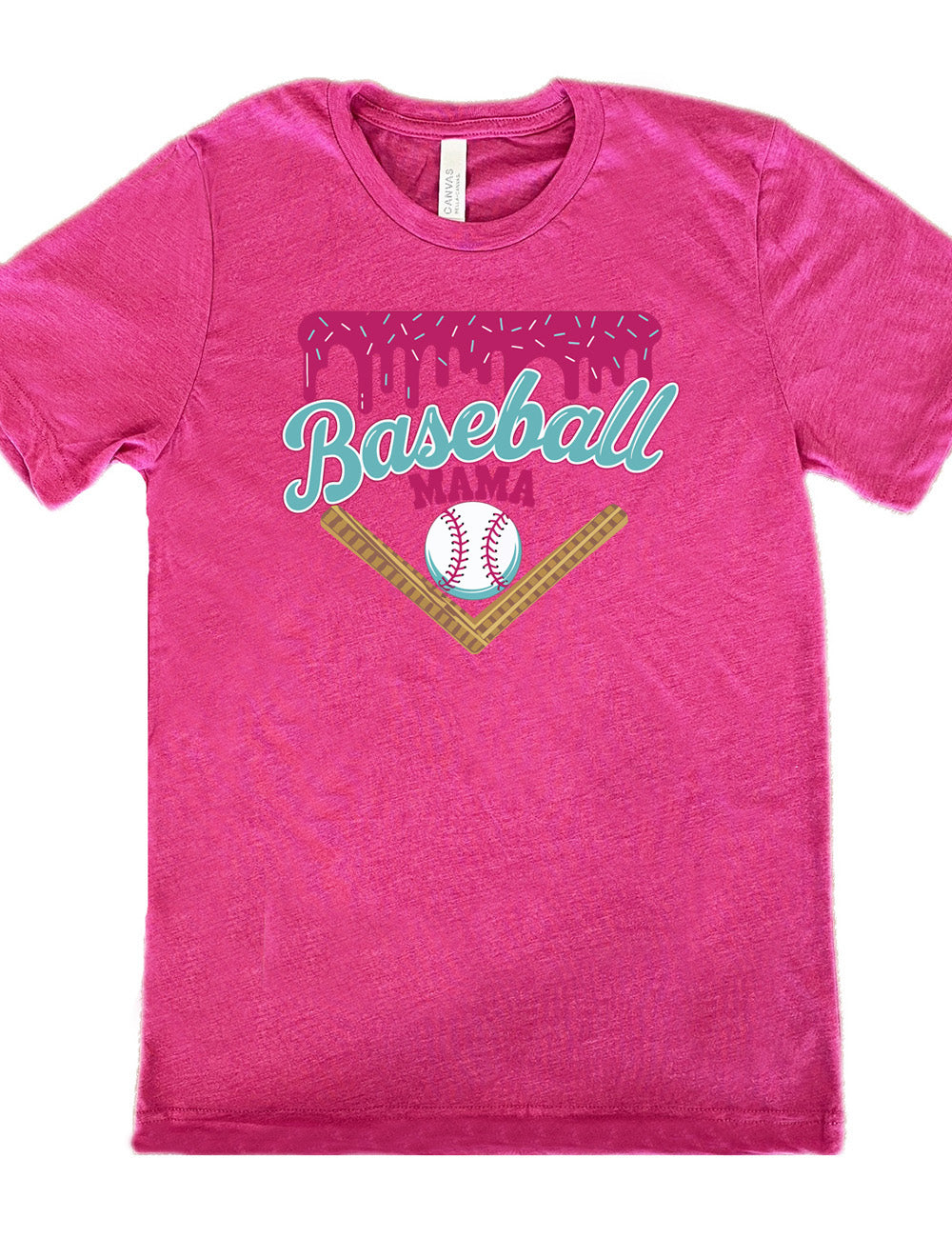 berry unisex tee with the words "baseball mama" on it, with a border with sprinkles above the words, dripping down, and a baseball underneath the words, and a border in a V below everything