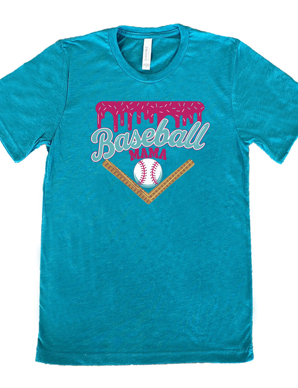 teal unisex tee with the words "baseball mama" on it, with a border with sprinkles above the words, dripping down, and a baseball underneath the words, and a border in a V below everything