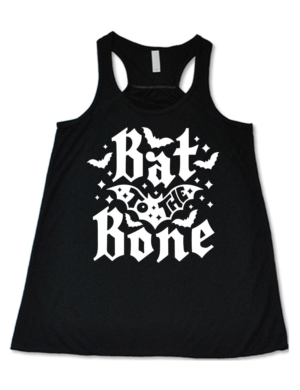 black flowy racerback tank with the words "bat to the bone" on it, with the words "to the" on top of a bat, and a number of other bats around the words, as well as some stars