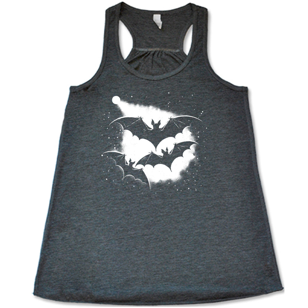 Grey colored flowy tank with bats silhouette graphic on it