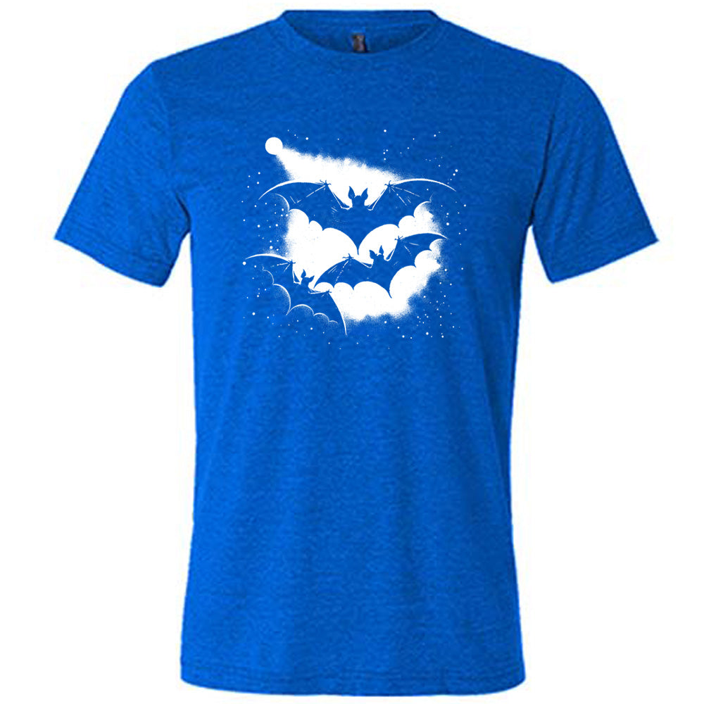 Blue colored shirt with bats silhouette graphic on it