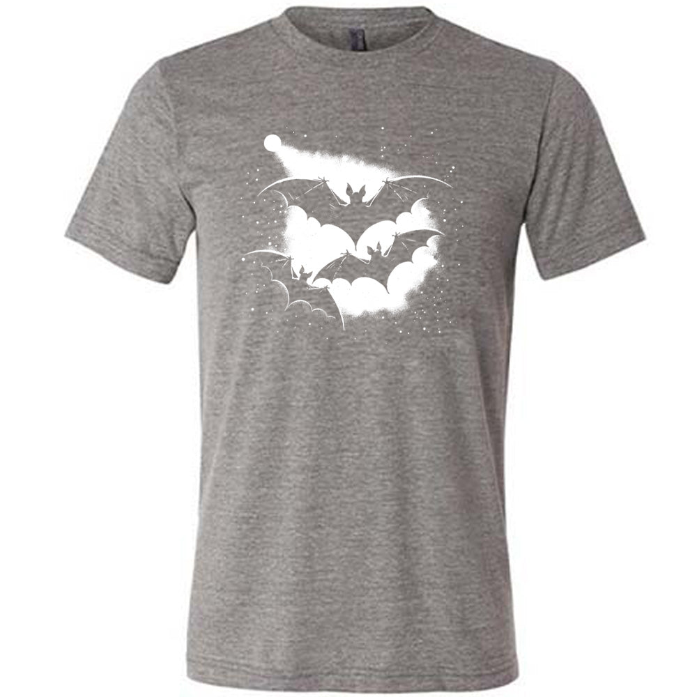 Grey colored shirt with bats silhouette graphic on it