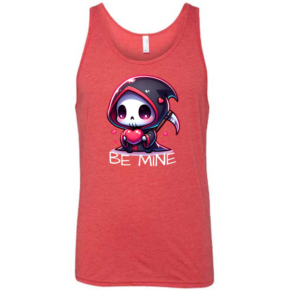 red unisex tank with large graphics of a cartoony grim reaper holding a heart, with little hearts surrounding, and the words "be mine" on it