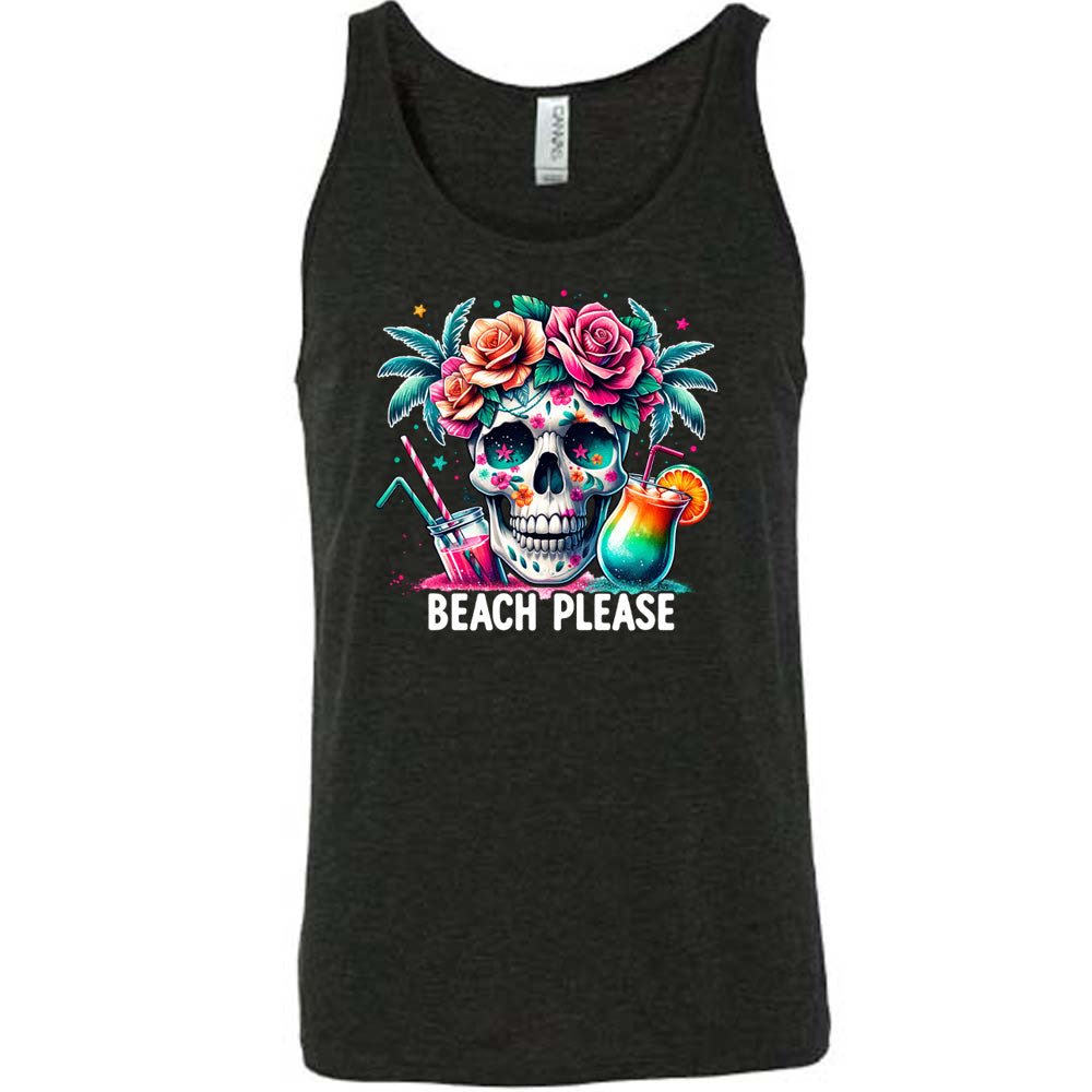 Black colored tank with a flowery skull and drinks graphic on it that says "Beach Please"