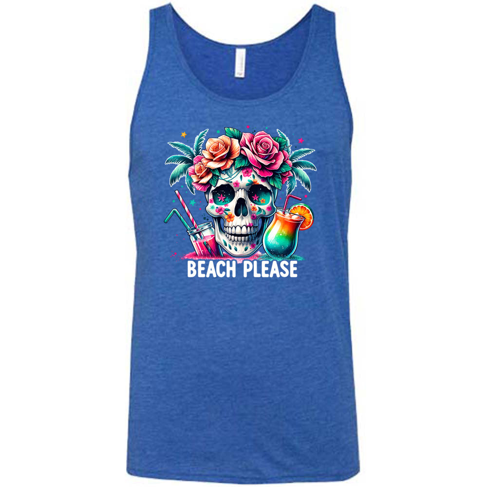 Blue colored tank with a flowery skull and drinks graphic on it that says "Beach Please"