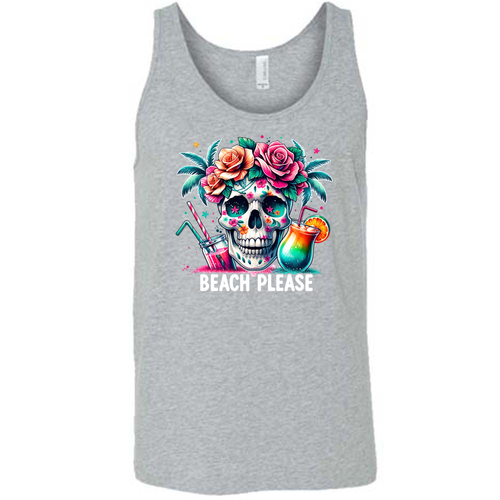 Grey colored tank with a flowery skull and drinks graphic on it that says "Beach Please"