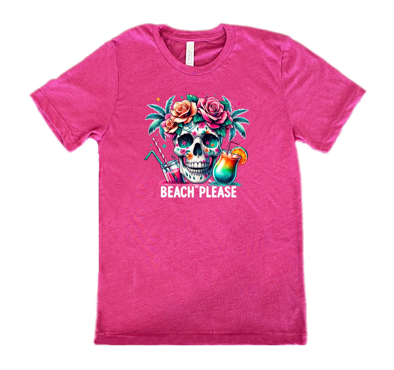 Berry colored shirt with a flowery skull and drinks graphic on it that says "Beach Please"