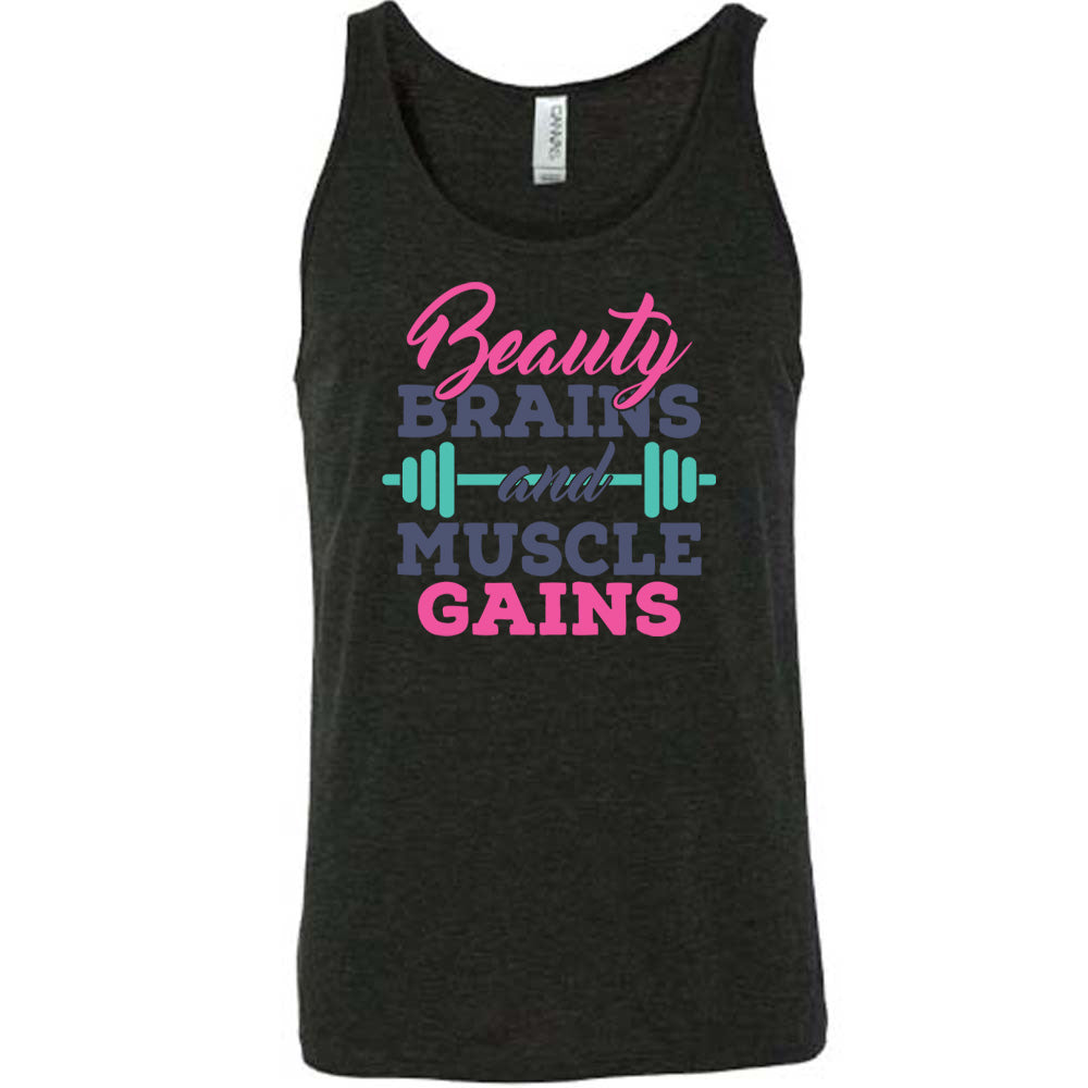 Black Unisex Tank, with wording Beauty Brains and Muscle Gains, multicolored lettering with a barbell