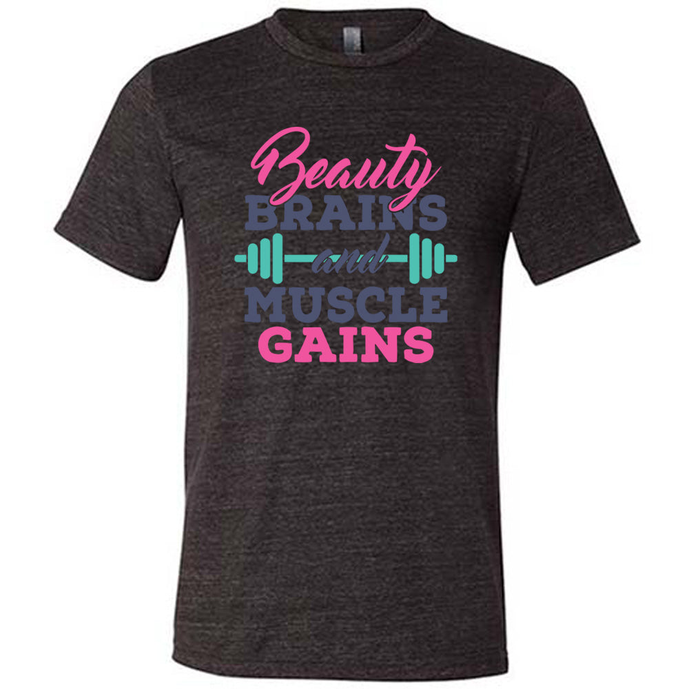 Black Unisex Tee, with wording Beauty Brains and Muscle Gains, multicolored lettering with a barbell