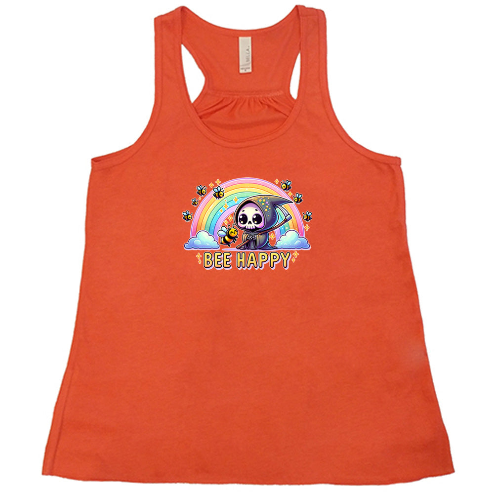 Coral colored flowy tank with a grim reaper & bee in front of a rainbow graphic on it that says "Bee Happy"