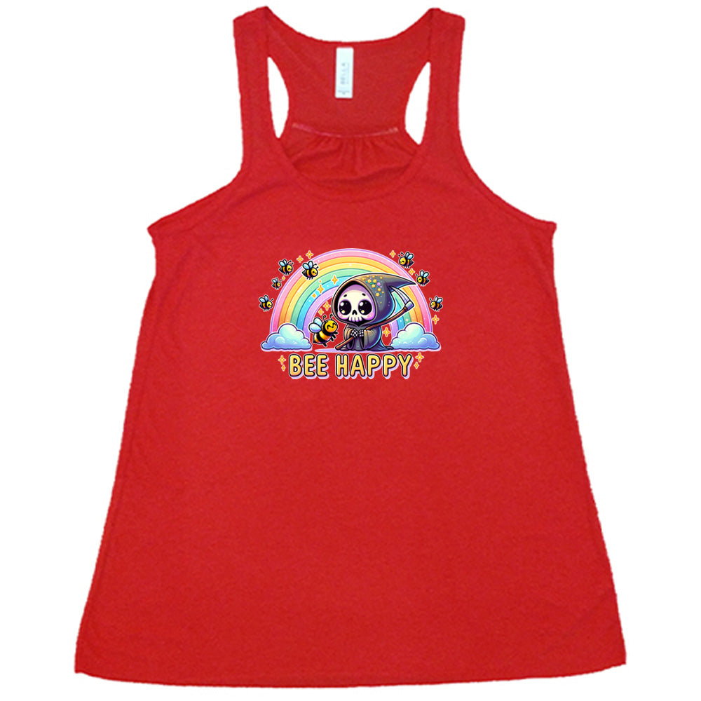 Red colored flowy tank with a grim reaper & bee in front of a rainbow graphic on it that says "Bee Happy"