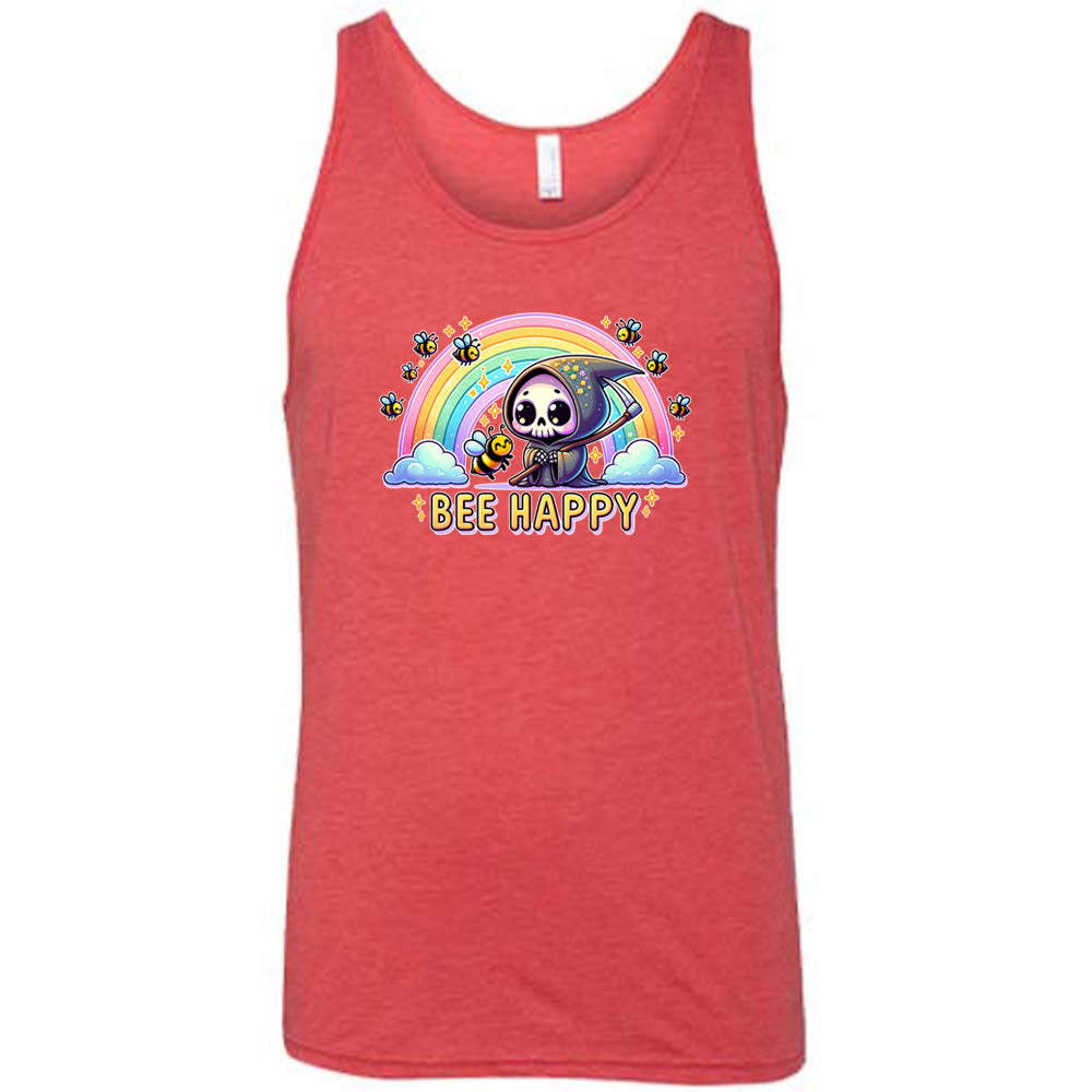 Red colored tank with a grim reaper & bee in front of a rainbow graphic on it that says "Bee Happy"