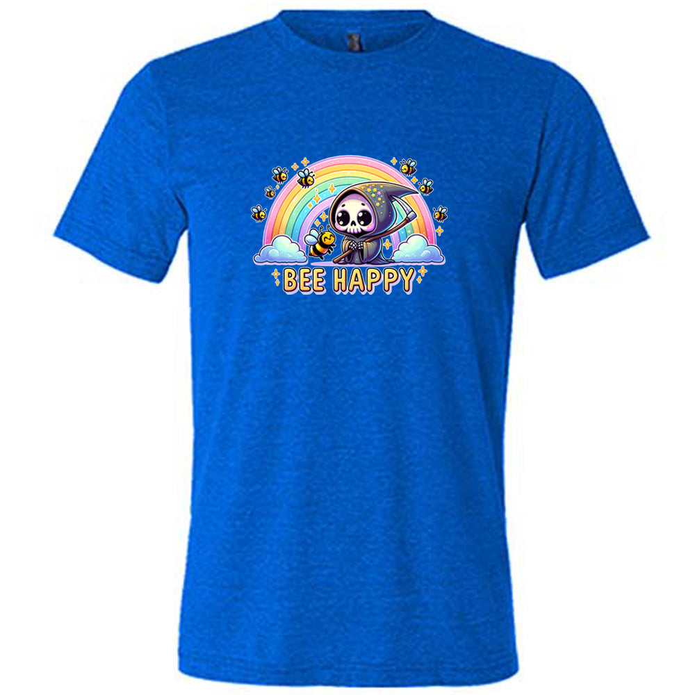 Blue colored shirt with a grim reaper & bee in front of a rainbow graphic on it that says "Bee Happy"