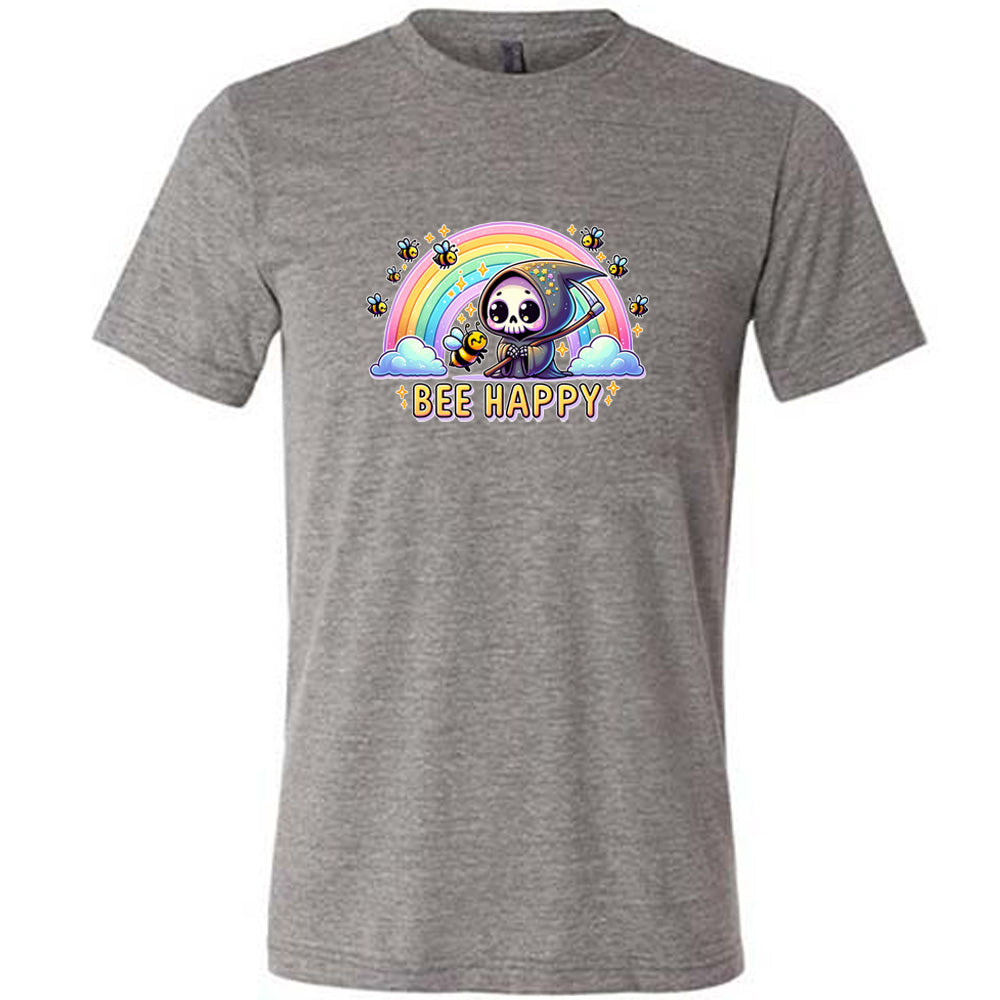 Grey colored shirt with a grim reaper & bee in front of a rainbow graphic on it that says "Bee Happy"