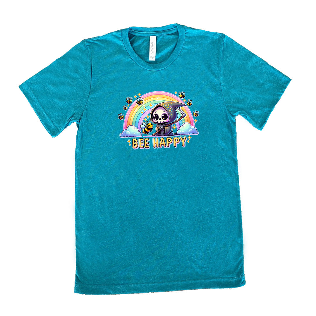 Teal colored shirt with a grim reaper & bee in front of a rainbow graphic on it that says "Bee Happy"
