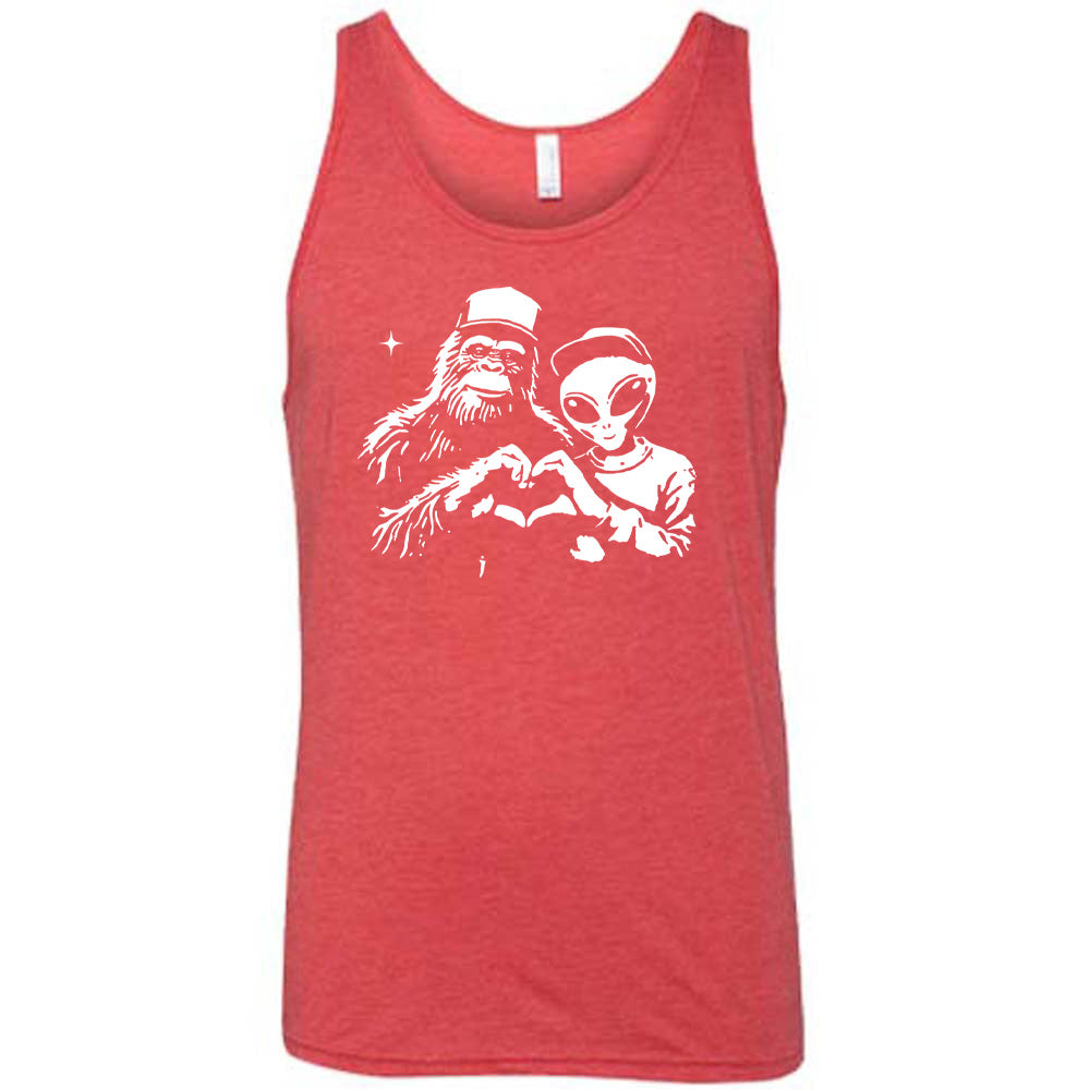 Red colored tank with bigfoot and alien doing heart hands graphic on it