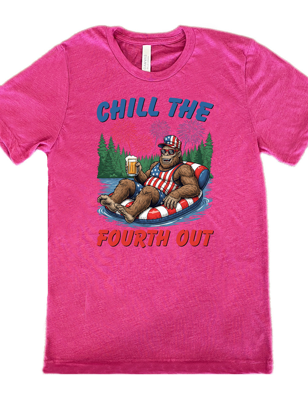 berry unisex tee with the graphic of a grinning Bigfoot holding a beer, wearing sunglasses and an American flag outfit, in an American flag tube, in the water, with a background of trees, with fireworks above, and the words saying "chill the fourth out" on it