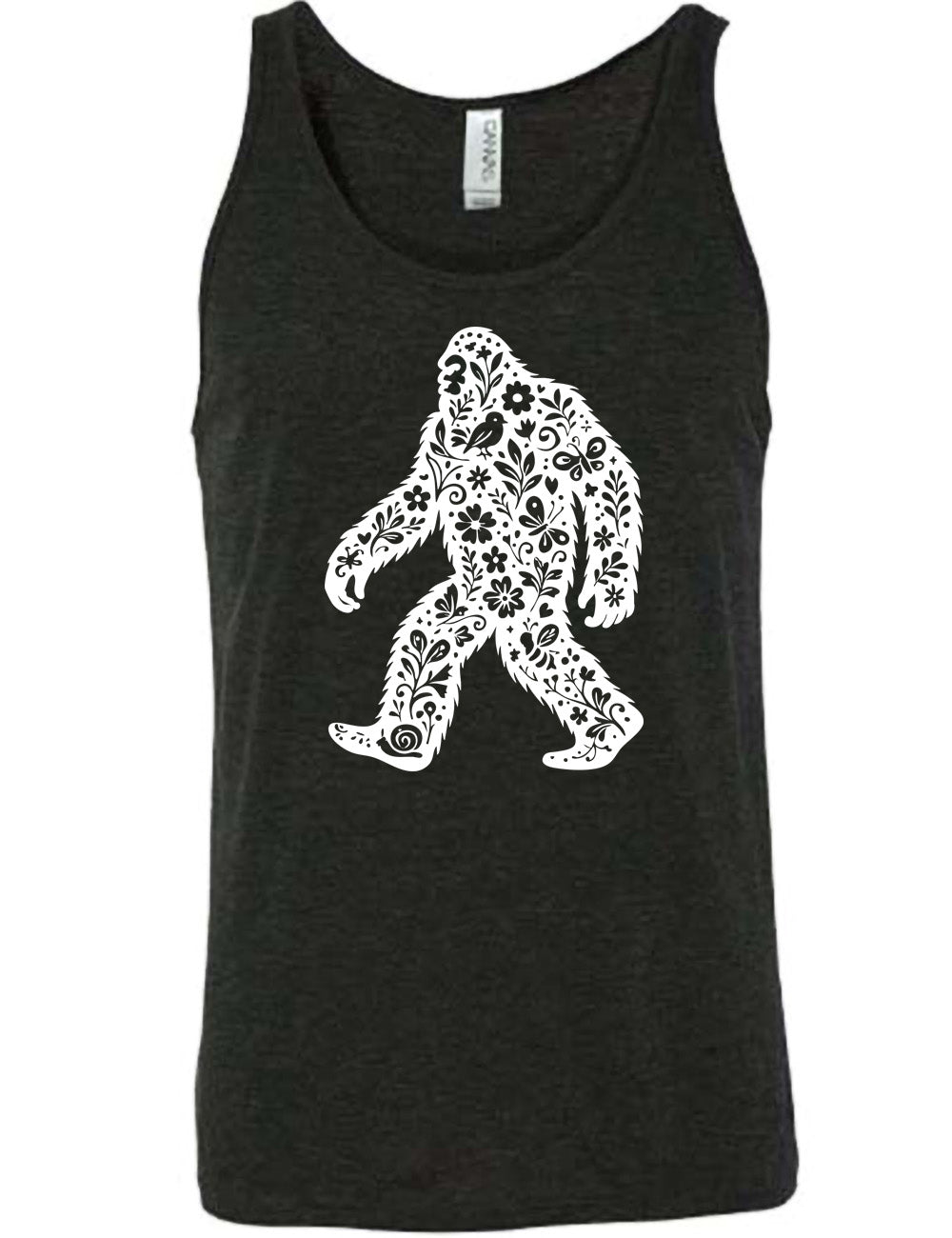 black unisex tank with the graphic white cutout of bigfoot, which is overlayed with black flowers, plants, birds, bees, snails, and butterflies