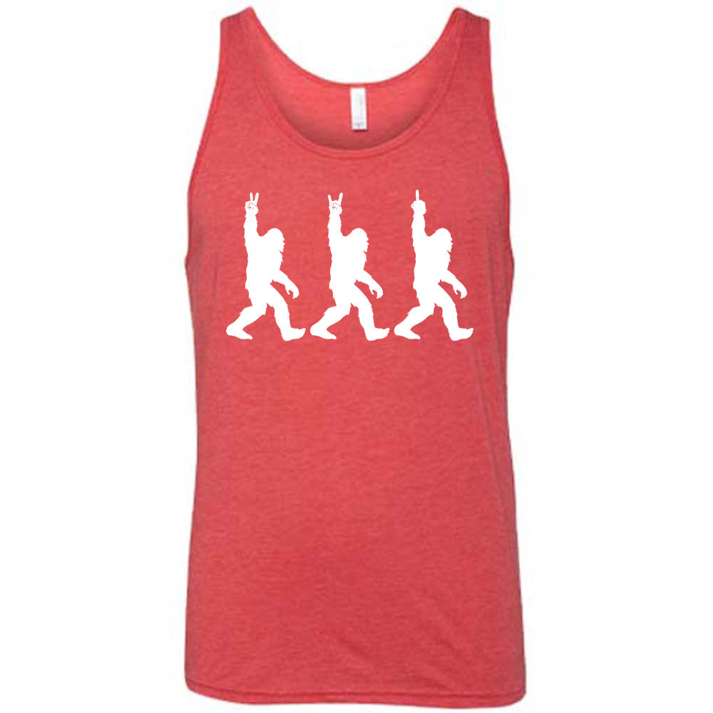 Red colored tank with bigfoot doing peace sign graphic on it