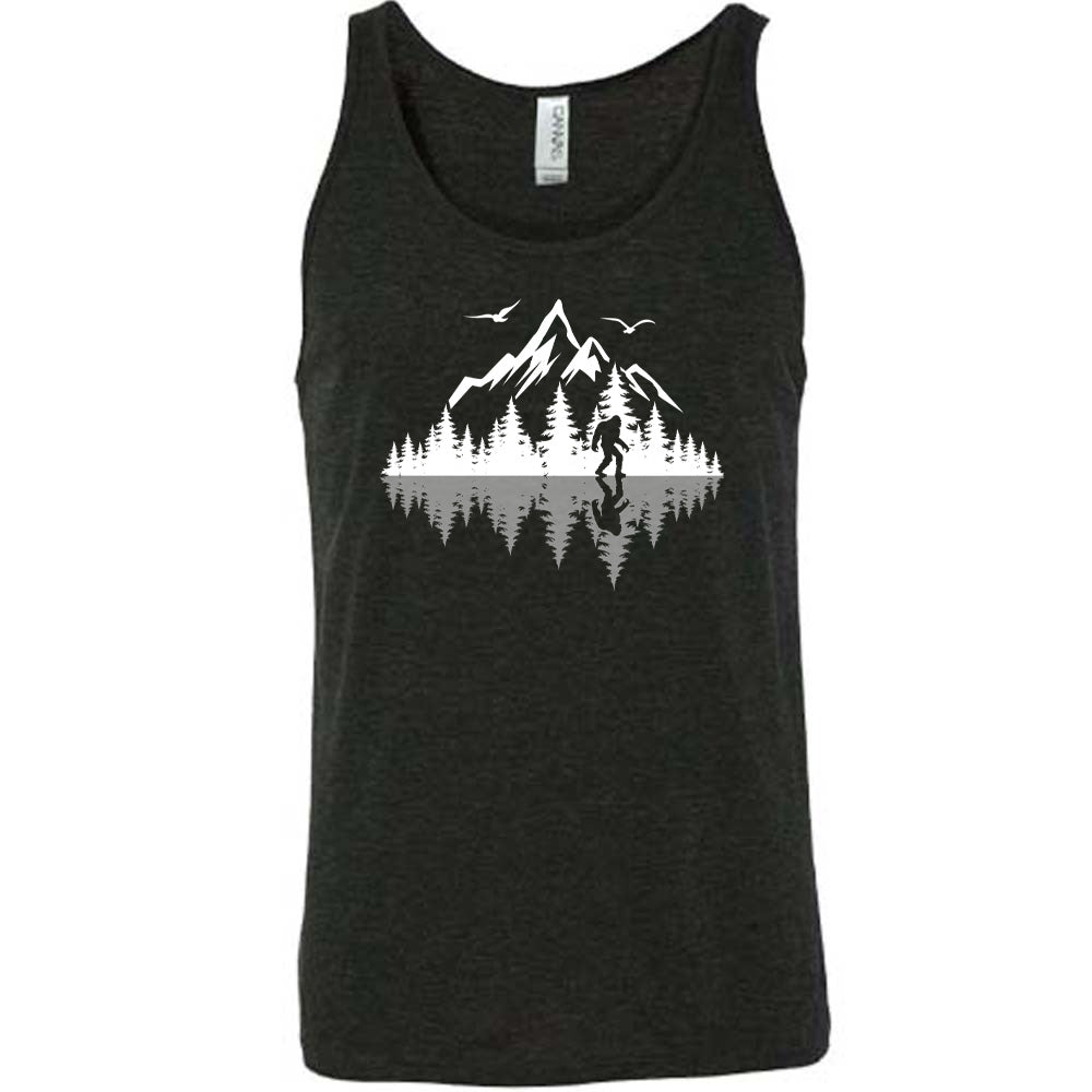 Black colored tank with bigfoot in nature with reflection graphic on it