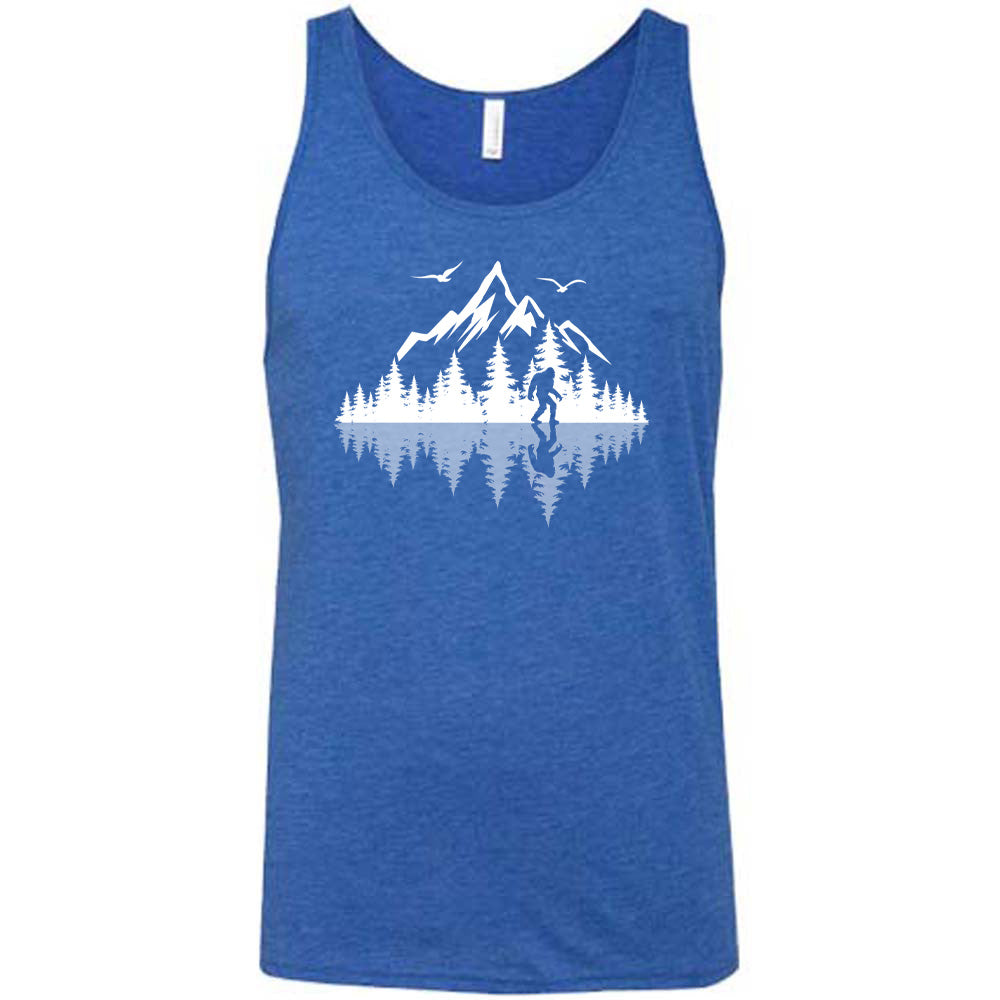 Blue colored tank with bigfoot in nature with reflection graphic on it