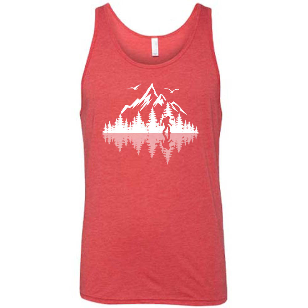 Red colored tank with bigfoot in nature with reflection graphic on it