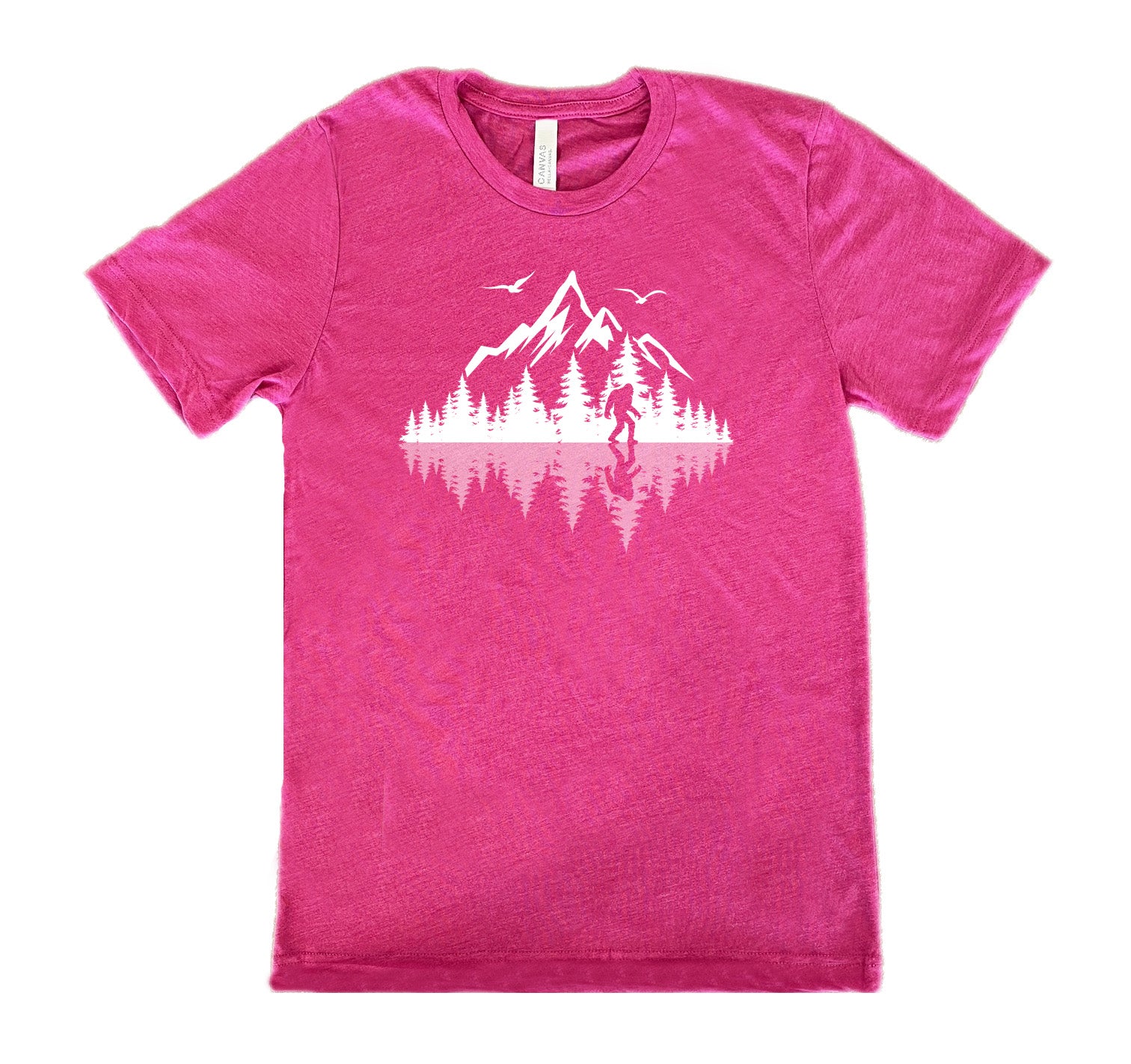 Berry colored shirt with bigfoot in nature with reflection graphic on it