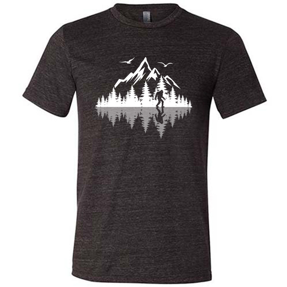 Black colored shirt with bigfoot in nature with reflection graphic on it