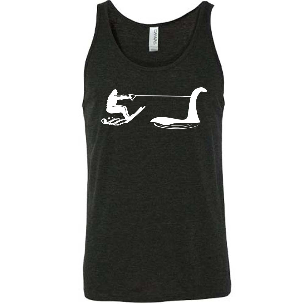 Black colored tank with bigfoot wakeboarding with Nessie graphic on it
