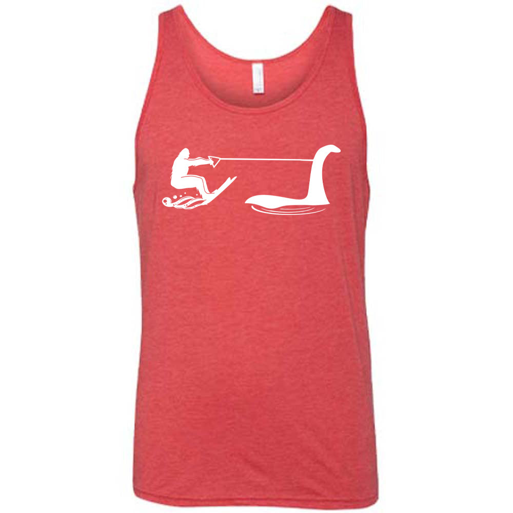 Red colored tank with bigfoot wakeboarding with Nessie graphic on it