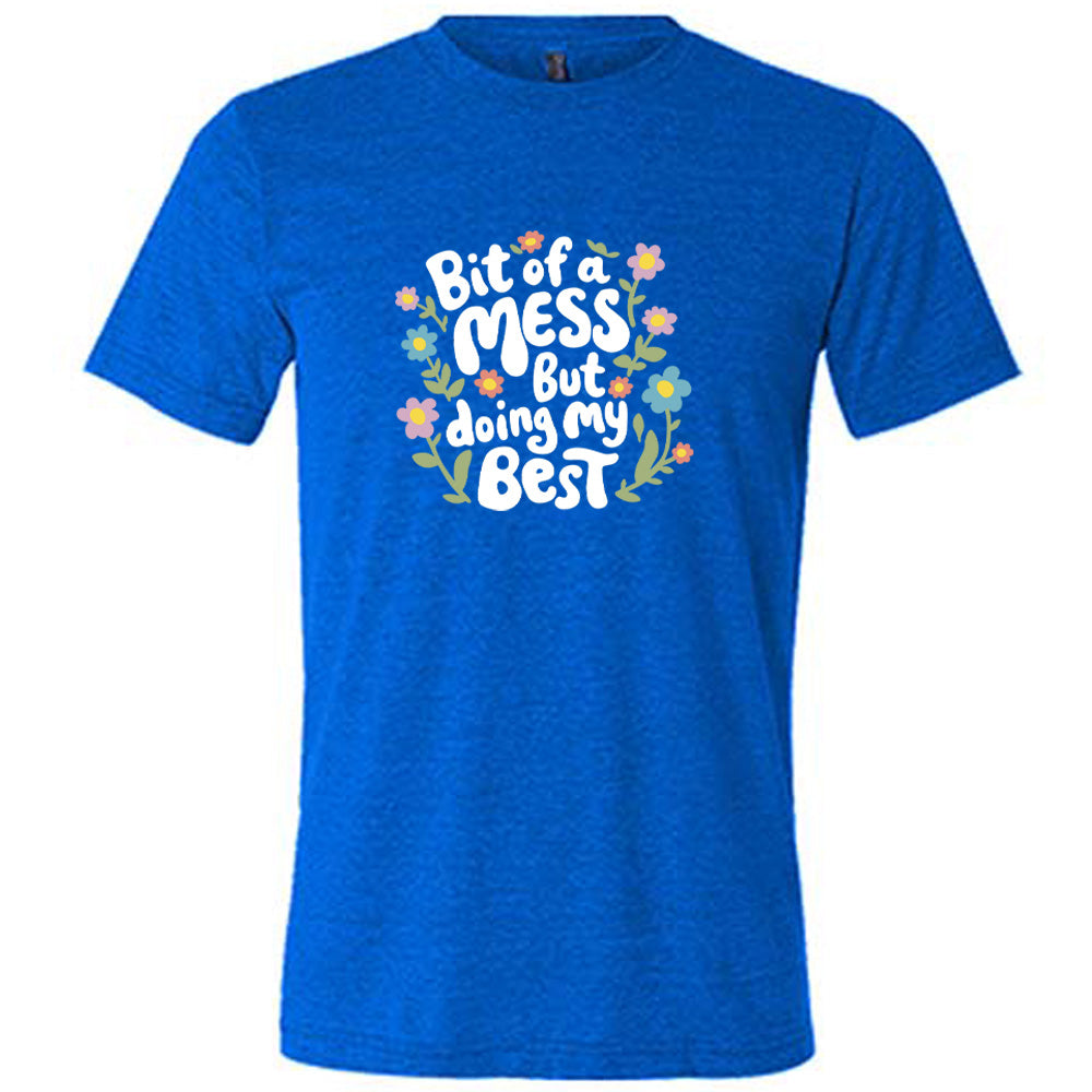 blue shirt with the text "Bit of a Mess, But Doing My Best" on it