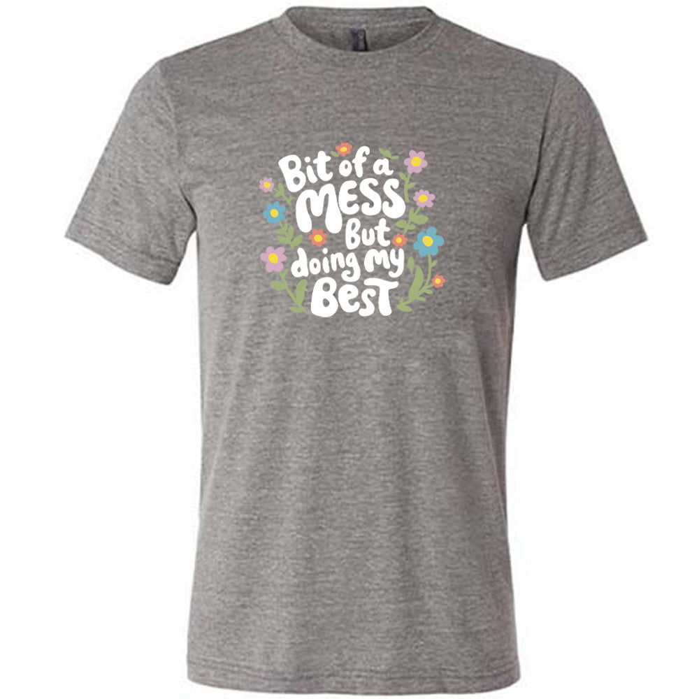 grey shirt with the text "Bit of a Mess, But Doing My Best" on it