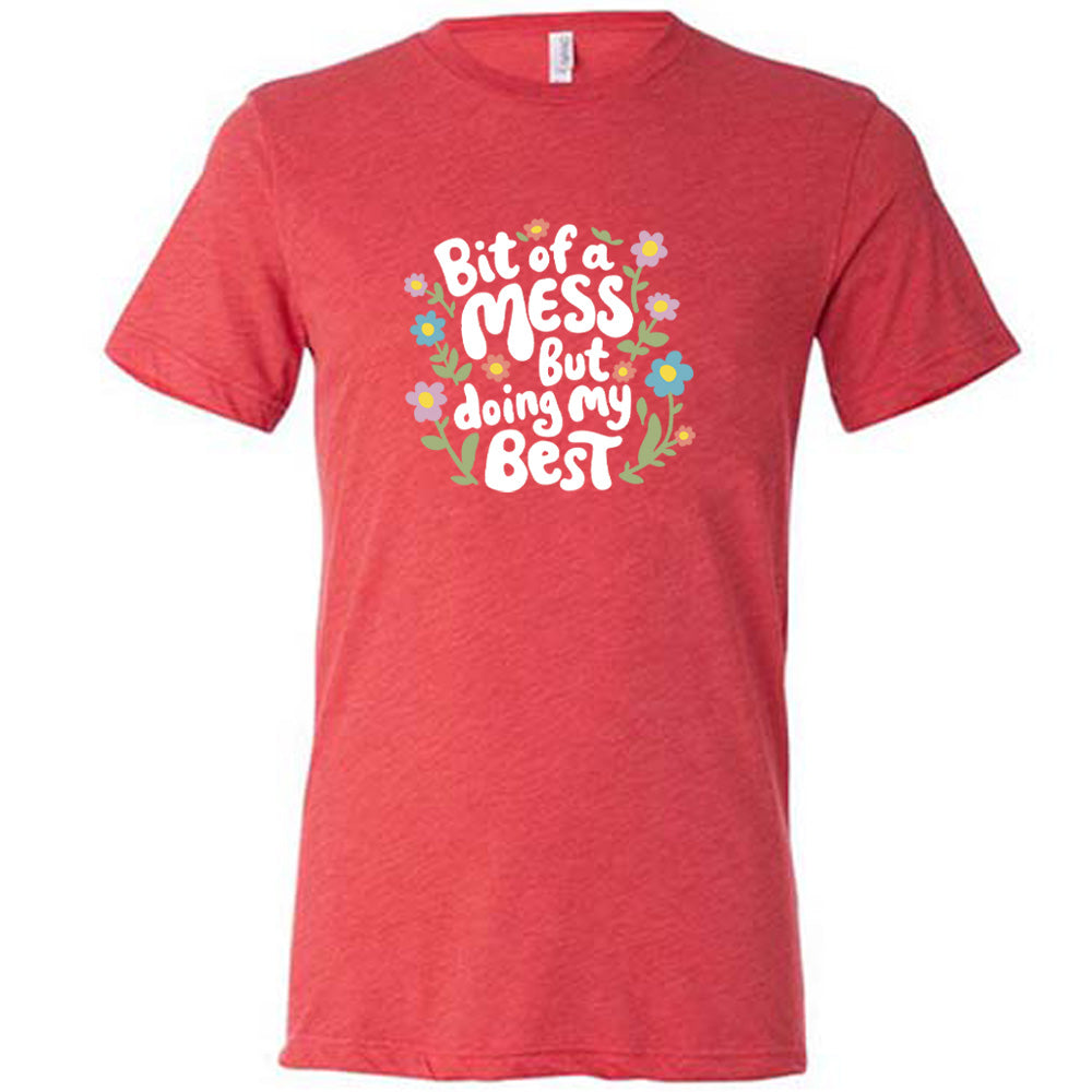 red shirt with the text "Bit of a Mess, But Doing My Best" on it