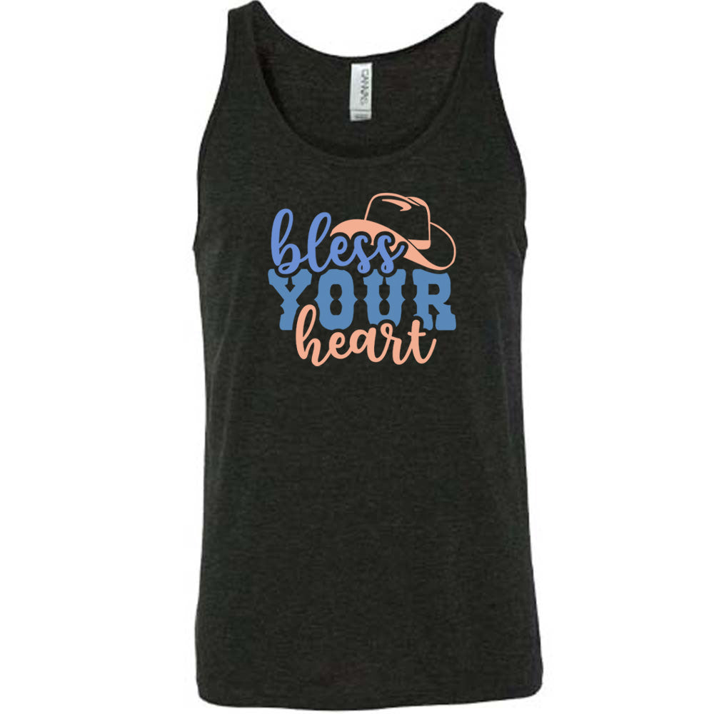 Black colored tank with a cowboy hat graphic on it that says "Bless Your Heart"