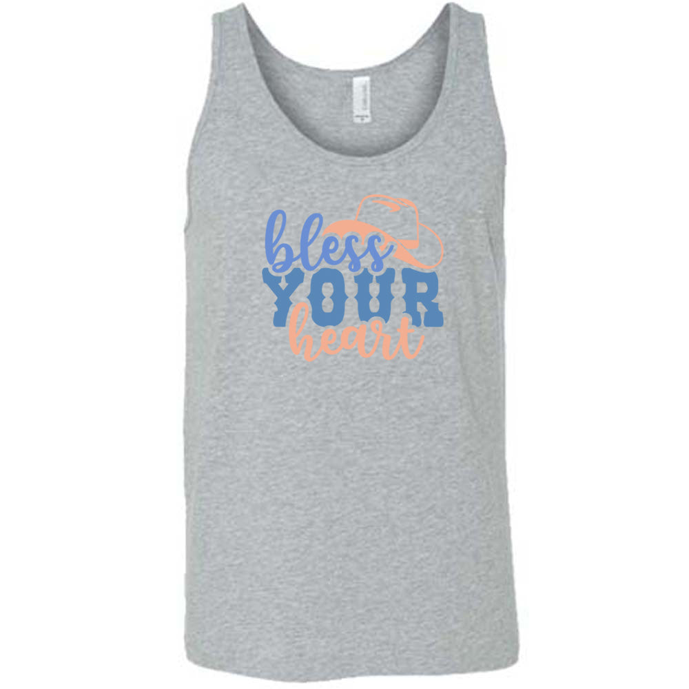 Grey colored tank with a cowboy hat graphic on it that says "Bless Your Heart"