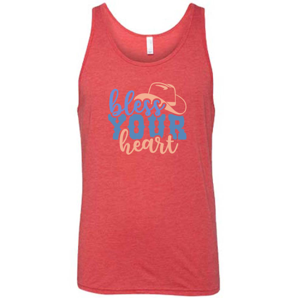 Red colored tank with a cowboy hat graphic on it that says "Bless Your Heart"