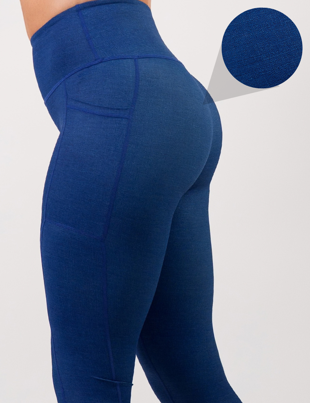 side view of the blue denim inspired leggings with a cut out graphic showing a close up of the denim inspired pattern detailing