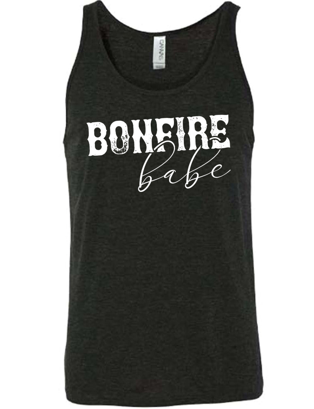black unisex tank with the words "bonfire babe" on it